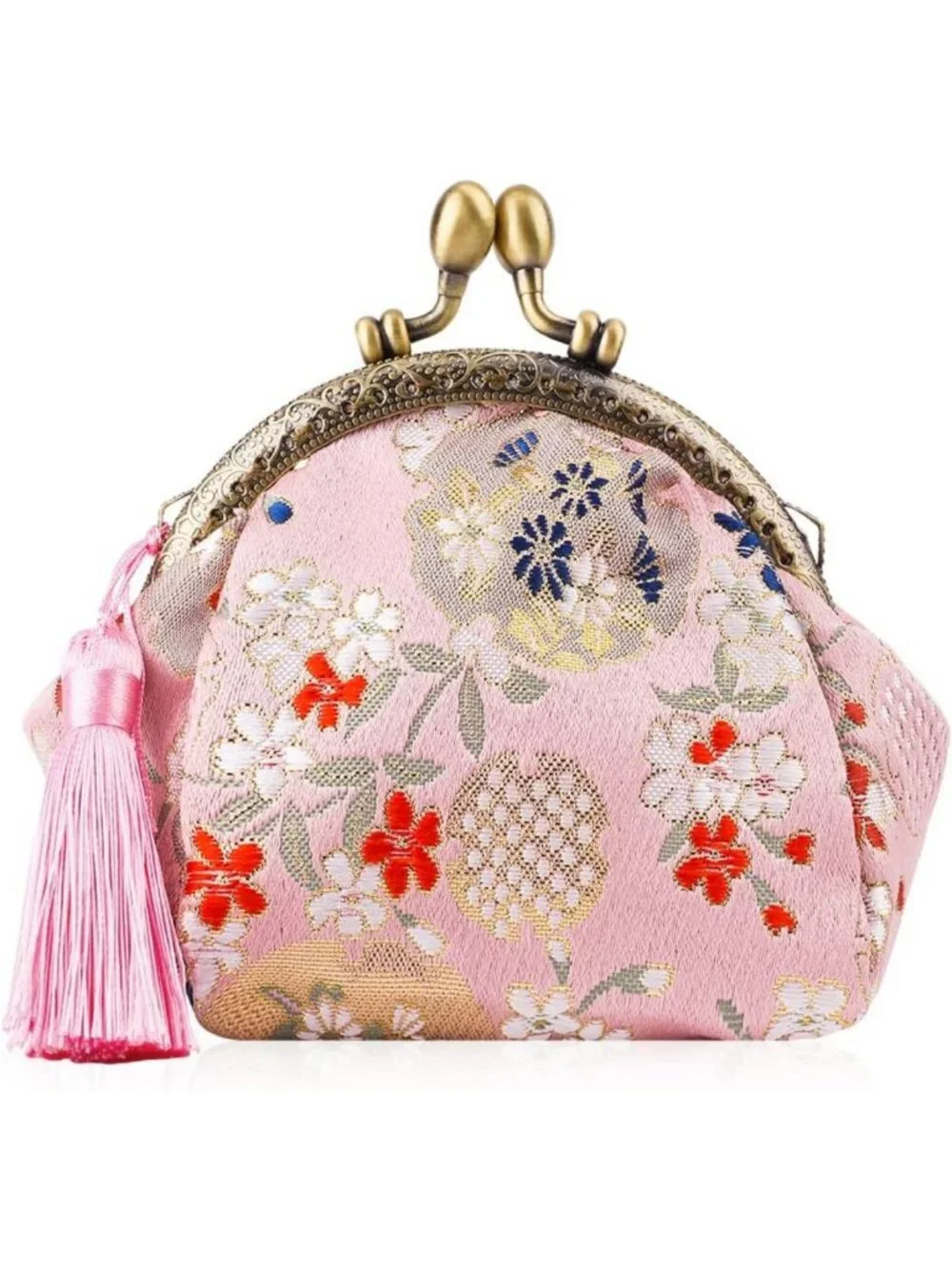 Vintage Floral Embroidered Coin Purse Wallet - Small Kiss Lock Clutch Bag with